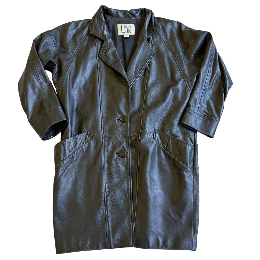 Vtg 90s LNR Black Genuine Leather Jacket Mid Length Car Coat Button  Minimalist